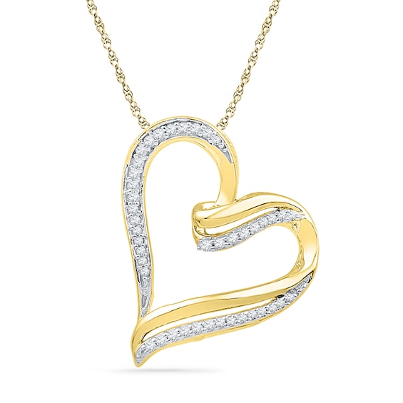 0.16 CT. T.W. Diamond Ribbon Tilted Heart Pendant in 10K Gold