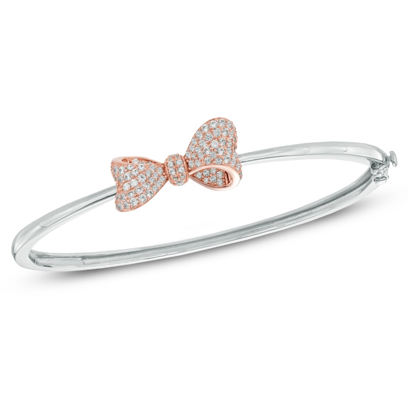 Lab-Created White Sapphire Bow Bangle in Sterling Silver with 18K Rose Gold Plate|Peoples Jewellers