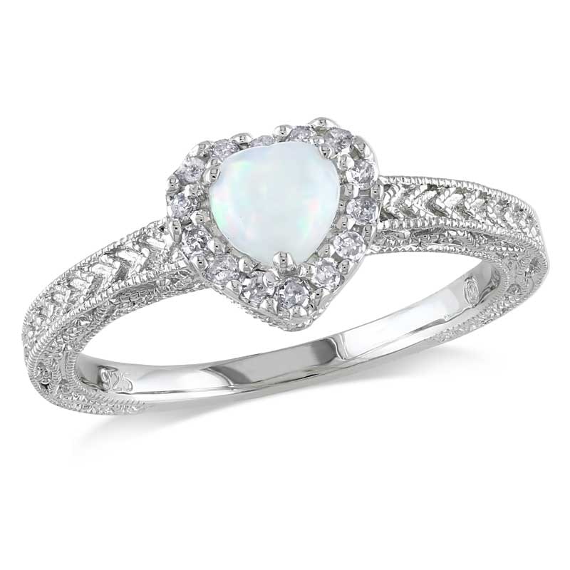 5.0mm Heart-Shaped Opal and 0.14 CT. T.W. Diamond Frame Ring in Sterling Silver|Peoples Jewellers