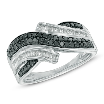 0.50 CT. T.W. Enhanced Black and White Diamond Layered Bypass Ring in Sterling Silver