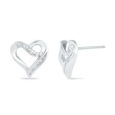 Diamond Accent Ribbon Heart Stud Earrings in Sterling Silver