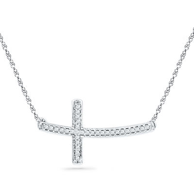 0.10 CT. T.W. Diamond Sideways Curved Cross Necklace in 10K White Gold