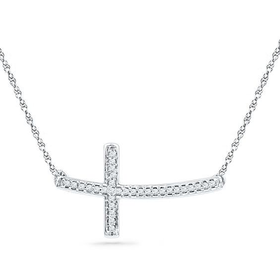 0.10 CT. T.W. Diamond Sideways Curved Cross Necklace in 10K White Gold