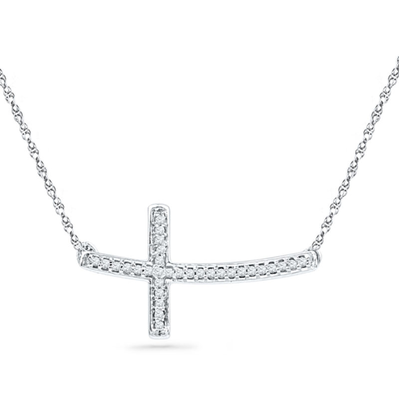 0.10 CT. T.W. Diamond Sideways Curved Cross Necklace in 10K White Gold|Peoples Jewellers