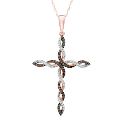 0.18 CT. T.W. Enhanced Cognac and White Diamond Braid Cross Pendant in 10K Rose Gold