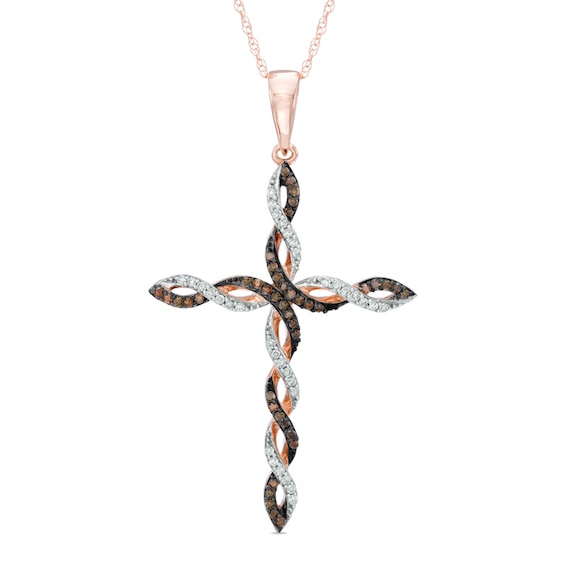 0.18 CT. T.W. Enhanced Cognac and White Diamond Braid Cross Pendant in 10K Rose Gold