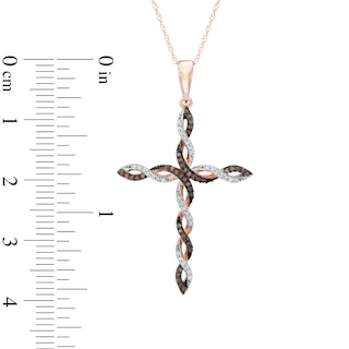 0.18 CT. T.W. Enhanced Cognac and White Diamond Braid Cross Pendant in 10K Rose Gold