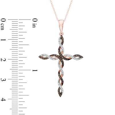 0.18 CT. T.W. Enhanced Cognac and White Diamond Braid Cross Pendant in 10K Rose Gold