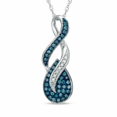 0.15 CT. T.W. Enhanced Blue and White Diamond Overlay Teardrop Pendant in 10K White Gold