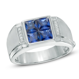 Men's Square-Cut Lab-Created Blue Sapphire and Diamond Accent Quad Ring in Sterling Silver