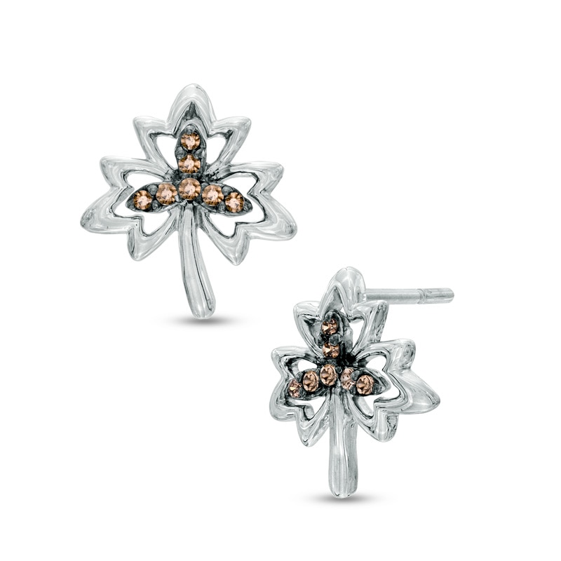 Enhanced Champagne Diamond Accent Maple Leaf Earrings in Sterling Silver