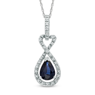 Pear-Shaped Blue Sapphire and 0.085 CT. T.W. Diamond Loop Pendant in 10K White Gold