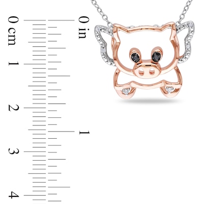 Black and White Diamond Accent Flying Pig Pendant in Two-Tone Sterling Silver