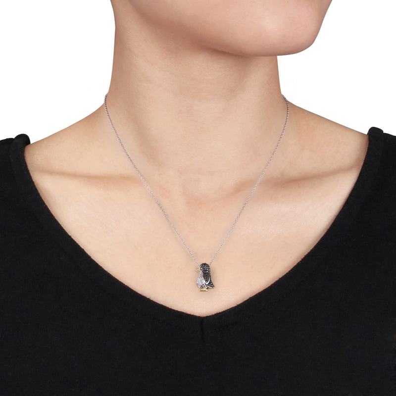 Black Diamond Accent Penguin Pendant in Tri-Tone Sterling Silver|Peoples Jewellers