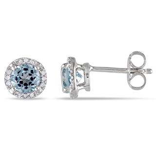 5.0mm Sky Blue Topaz and 0.07 CT. T.W. Diamond Frame Stud Earrings in Sterling Silver