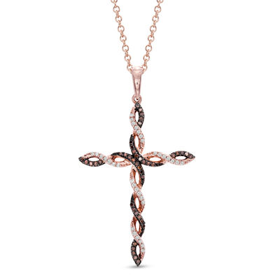 0.16 CT. T.W. Enhanced Cognac and White Diamond Twisting Cross Pendant in 10K Rose Gold