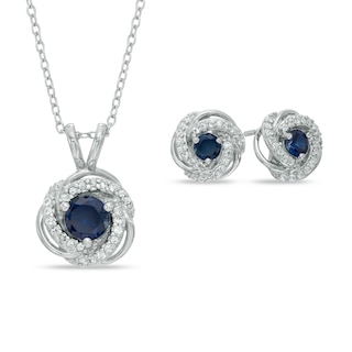 Lab-Created Blue and White Sapphire Pendant and Earrings Set in Sterling Silver