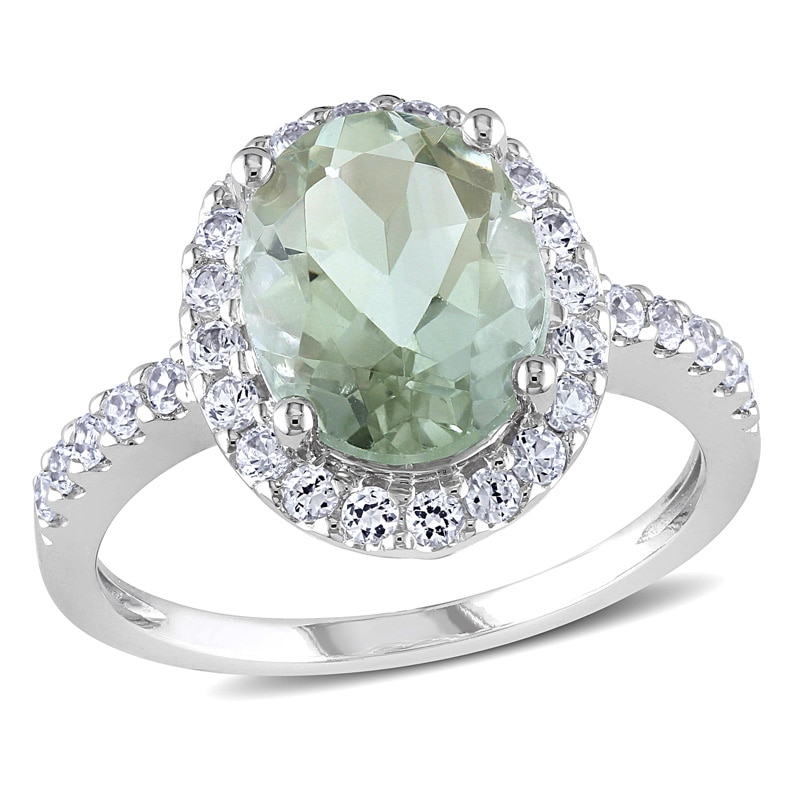 Oval Green Quartz and Lab-Created White Sapphire Frame Ring in 10K White Gold|Peoples Jewellers
