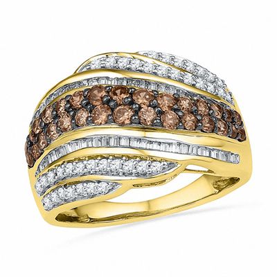 1.00 CT. T.W. Champagne and White Diamond Rolling Waves Ring in 10K Gold