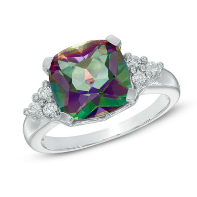 10.0mm Cushion-Cut Mystic Fire® Topaz and Lab-Created White Sapphire Ring in Sterling Silver