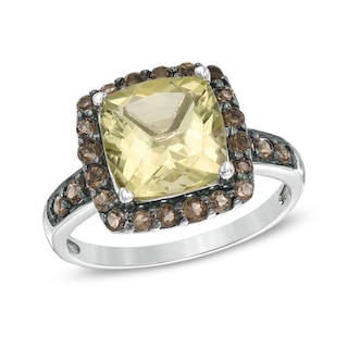 9.0mm Cushion-Cut Lemon Quartz and Smoky Quartz Frame Ring in Sterling Silver