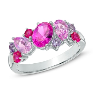 Multi-Shaped Lab-Created Ruby and Pink and Purple Sapphire Ring in Sterling Silver