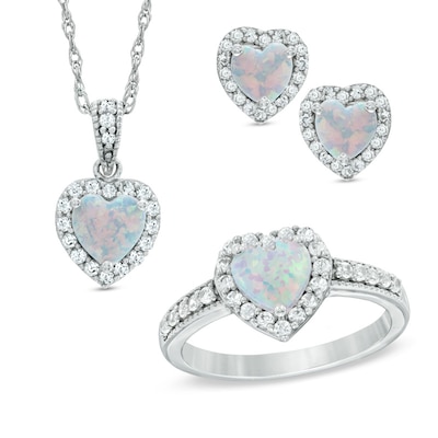 Heart-Shaped Lab-Created Opal and White Sapphire Pendant, Ring and Earrings Set in Sterling Silver - Size 7