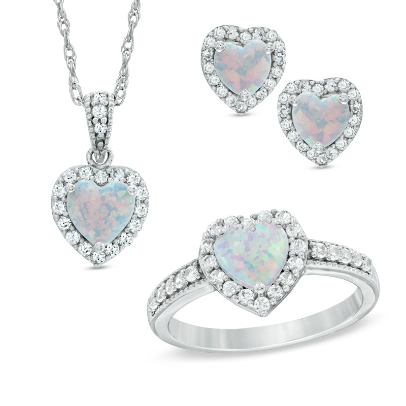 Heart-Shaped Lab-Created Opal and White Sapphire Pendant, Ring and Earrings Set in Sterling Silver - Size 7|Peoples Jewellers