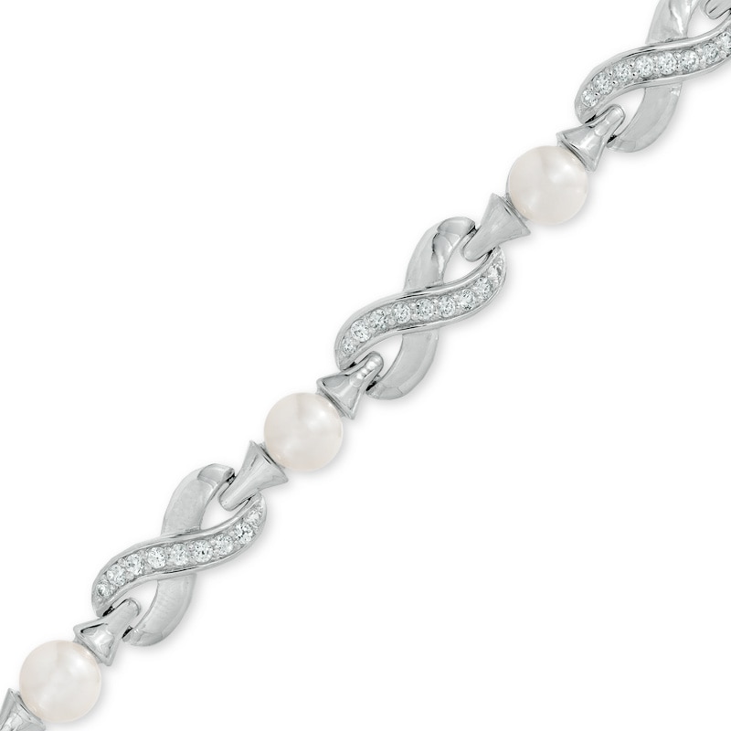5.5-6.0mm Freshwater Cultured Pearl and Lab-Created White Sapphire Infinity Bracelet in Sterling Silver-7.75"