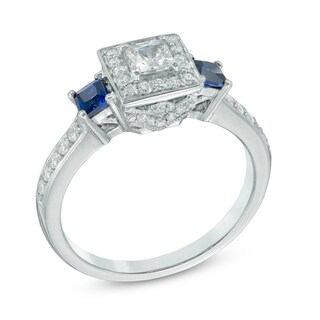 0.45 CT. T.W. Princess-Cut Diamond and Blue Sapphire Past Present Future Ring in 14K White Gold