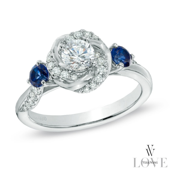 Vera Wang Love Collection 0.58 CT. T.W. Diamond and Blue Sapphire Swirl Engagement Ring in 14K White Gold