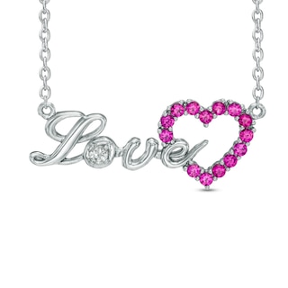 Lab-Created Ruby and White Sapphire "LOVE" Heart Necklace in Sterling Silver - 17"