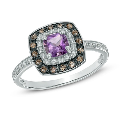 5.0mm Cushion-Cut Amethyst, Smoky Quartz and Lab-Created White Sapphire Frame Ring in Sterling Silver