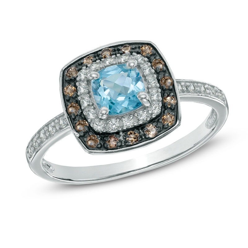 5.0mm Cushion-Cut Swiss Blue Topaz, Smoky Quartz and Lab-Created White Sapphire Frame Ring in Sterling Silver