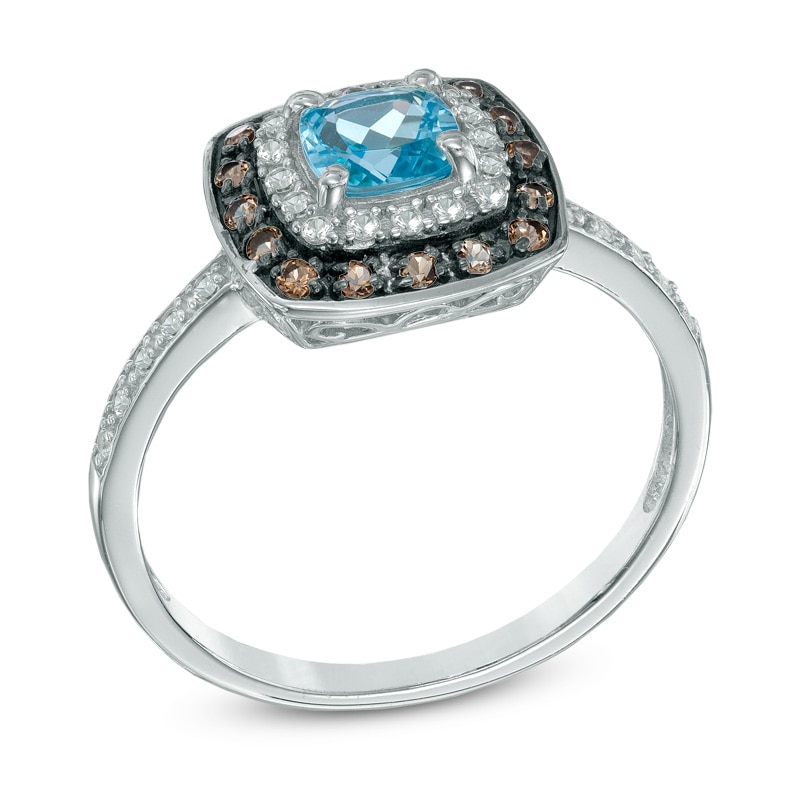 5.0mm Cushion-Cut Swiss Blue Topaz, Smoky Quartz and Lab-Created White Sapphire Frame Ring in Sterling Silver