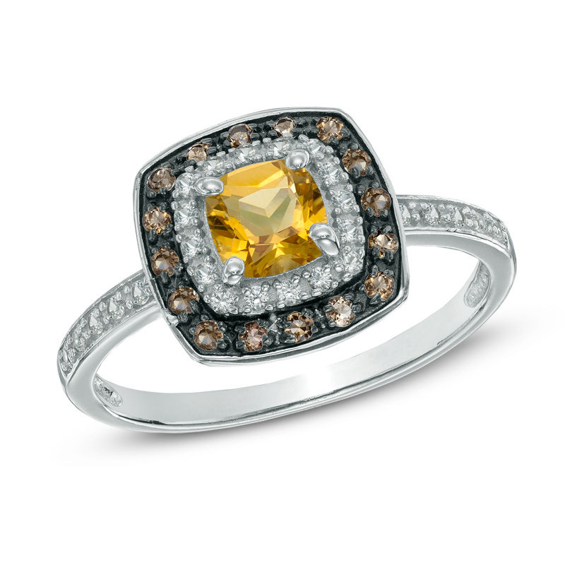 5.0mm Cushion-Cut Citrine, Smoky Quartz and Lab-Created White Sapphire Frame Ring in Sterling Silver
