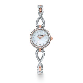 Ladies' Bulova Crystal Watch with Mother-of-Pearl Dial and Sideways Infinity Pendant Set (Model: 98X108)