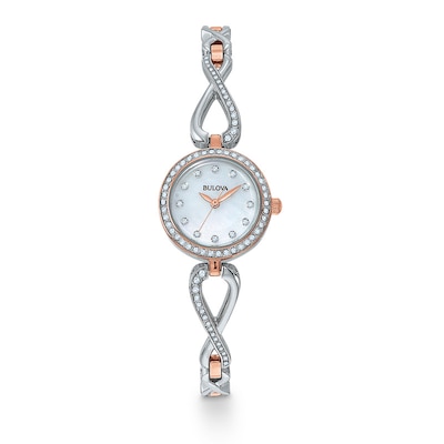 Ladies' Bulova Crystal Watch with Mother-of-Pearl Dial and Sideways Infinity Pendant Set (Model: 98X108)