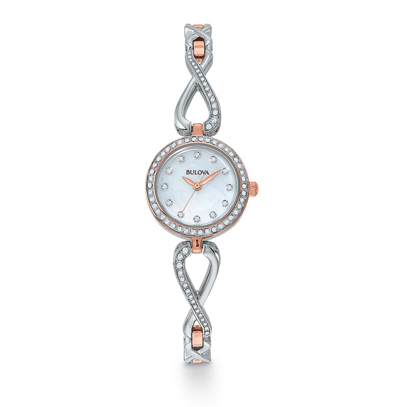 Main Image 1 of Ladies' Bulova Crystal Watch with Mother-of-Pearl Dial and Sideways Infinity Pendant Set (Model: 98X108)