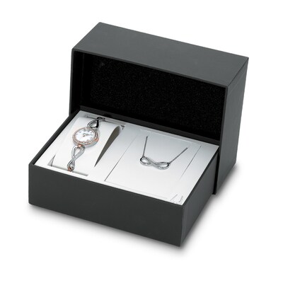 Ladies' Bulova Crystal Watch with Mother-of-Pearl Dial and Sideways Infinity Pendant Set (Model: 98X108)