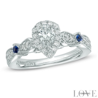 Vera Wang Love Collection 0.58 CT. T.W. Pear-Shaped Diamond and Blue Sapphire Ring in 14K White Gold