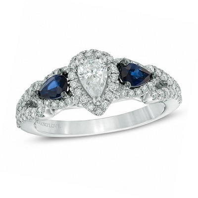 Vera Wang Love Collection 0.70 CT. T.W. Pear-Shaped Diamond and Blue Sapphire Frame Ring in 14K White Gold