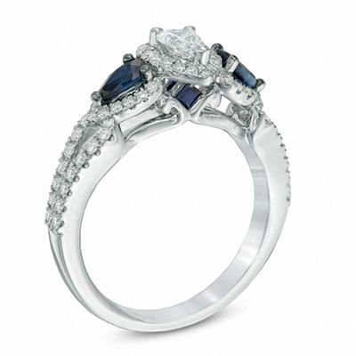 Vera Wang Love Collection 0.70 CT. T.W. Pear-Shaped Diamond and Blue Sapphire Frame Ring in 14K White Gold