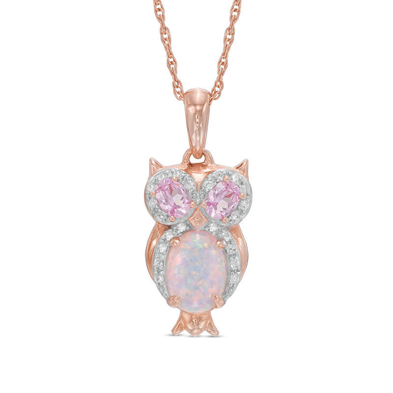 Oval Lab-Created Opal with Pink and White Lab-Created Sapphire Owl Pendant in Sterling Silver with Rose Gold Plate