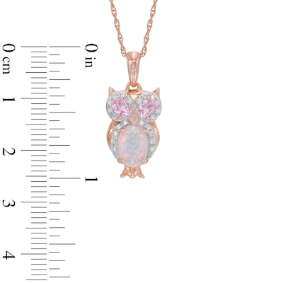 Oval Lab-Created Opal with Pink and White Lab-Created Sapphire Owl Pendant in Sterling Silver with Rose Gold Plate