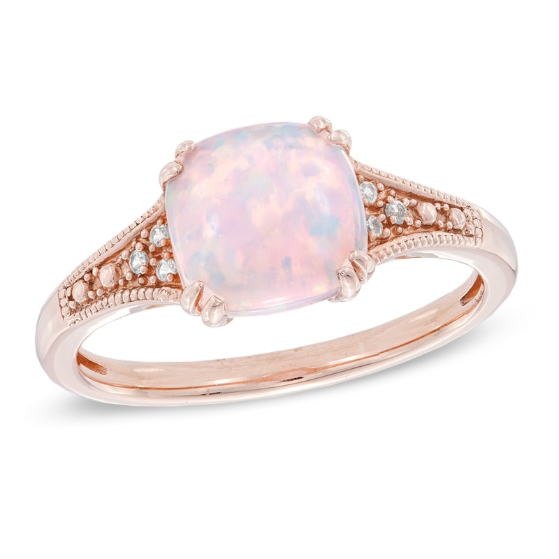 8.0mm Cushion-Cut Lab-Created Pink Opal and White Sapphire Ring in Sterling Silver with 14K Rose Gold Plate|Peoples Jewellers