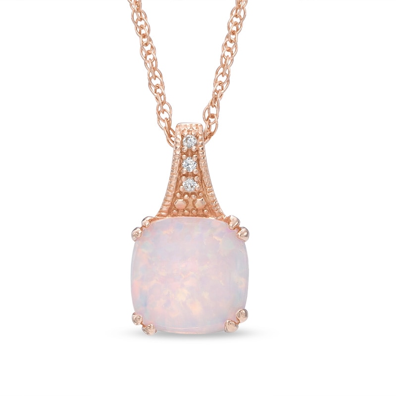 8.0mm Cushion-Cut Lab-Created Pink Opal and White Sapphire Pendant in Sterling Silver with 14K Rose Gold Plate|Peoples Jewellers