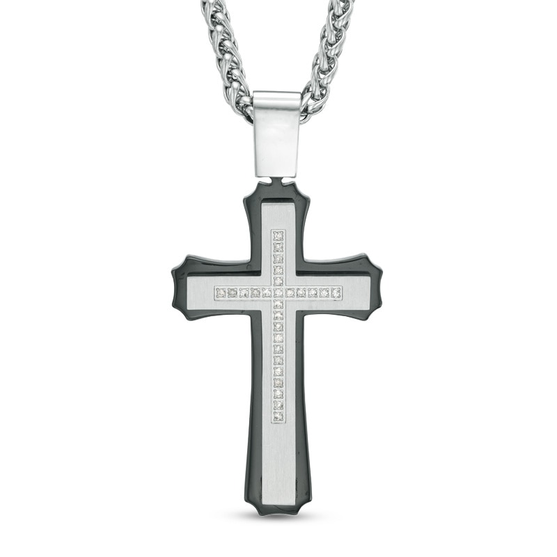 Men's 0.13 CT. T.W. Diamond Stacked Cross Pendant in Two-Tone Stainless Steel - 24"