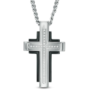 Men's Diamond Accent Cross Pendant in Two-Tone Stainless Steel - 24"