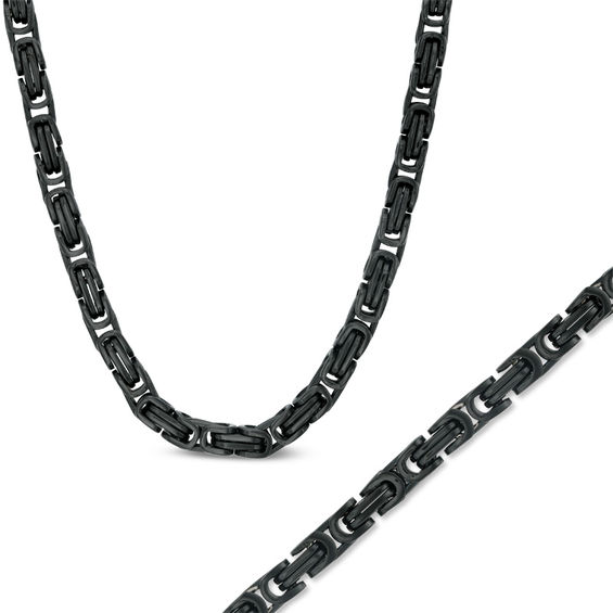 Men's 5.0mm Byzantine Chain Necklace and Bracelet Set in Black IP Stainless Steel - 24"